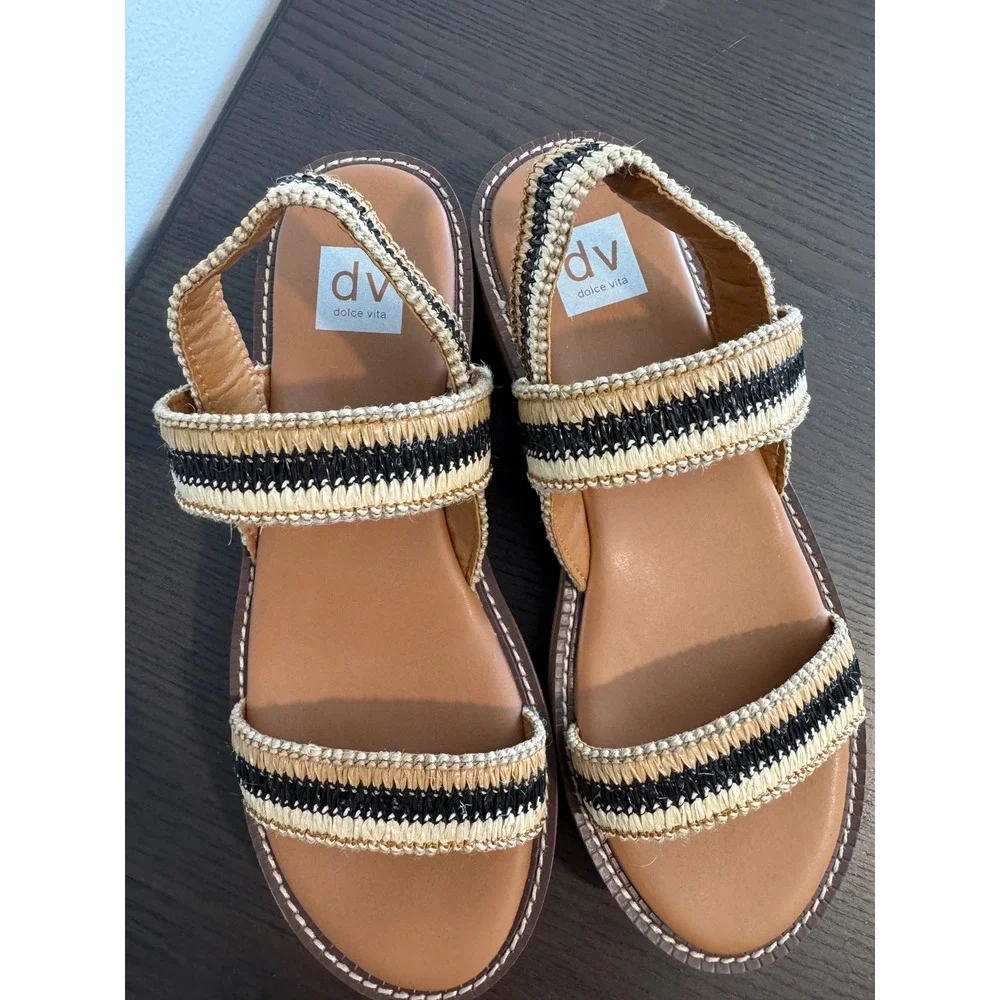 Dolce Vita Yankee Platform Sandals Women Size 11 Tan Black Woven Raffia Straps
